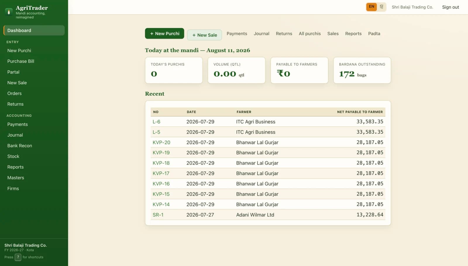 AgriTrader dashboard
